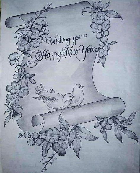 Happy New Year Sketch, Vector Motifs, New Year Drawing Ideas, New Year Drawing, Happy Birthday Hand Lettering, Drawings For Him, Drawing Ideas Creative, Book Art Projects, Flower Pattern Drawing