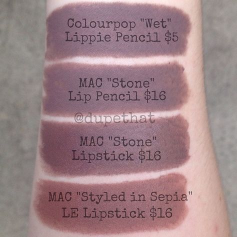 I know a lot of you were wondering how MAC's "Stone" lipstick compared to the "Stone" lip liner and the amazing limited edition shade "Styled in Sepia." Well, here you go! What are you thoughts on this GORGEOUS grey-brown lippie? Mac Stone Lip Liner, Mac Stone Lipstick, Mac Stone, Lip Pencil Colors, Dry Skin Patches, Lip Swatches, Lipstick Swatches, Makeup Swatches, All Things Beauty