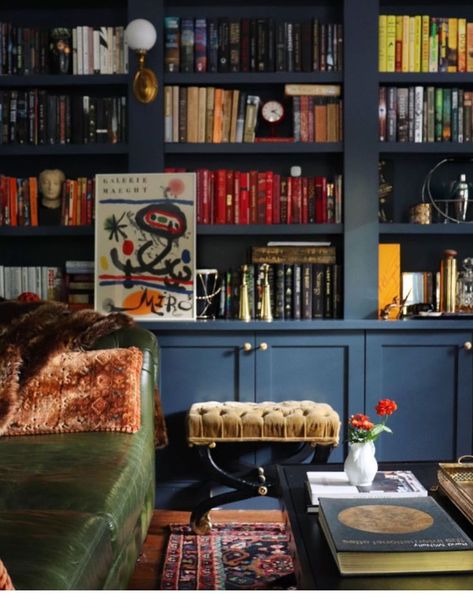 Love these moody colors and all the colorful books Library Styling, Summer Rooms, Bathroom Counter Decor, Cozy Library, Global Decor, House Updates, Interior Minimalista, Home Library Design, Counter Decor