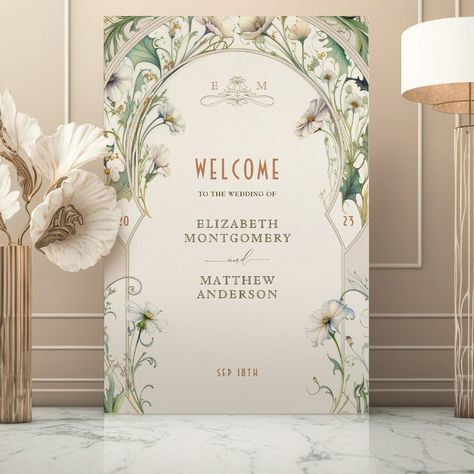 Welcome Sign Wedding Vintage Art Nouveau by Mucha William Morris Wedding, Medieval Ornament, Gold Welcome Sign, Art Nouveau Mucha, Art Deco Fonts, Art Deco Theme, Welcome Sign Wedding, Daisy Art, Vintage Daisy