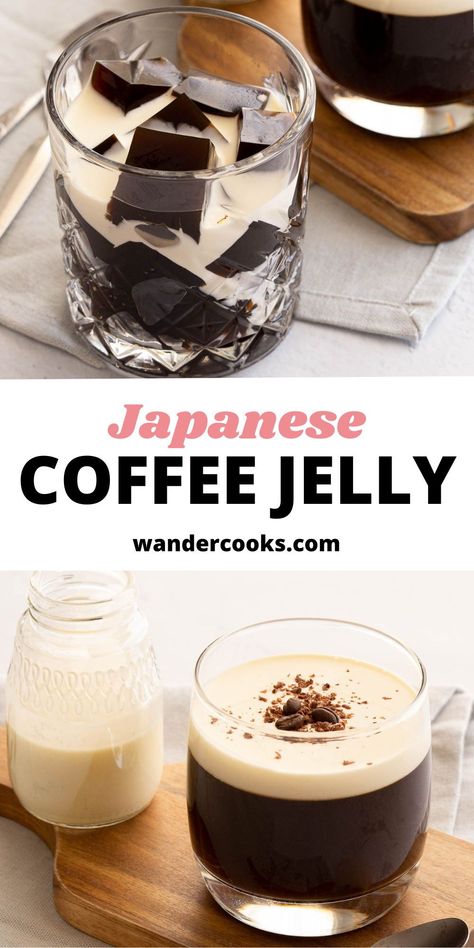 What’s better than a coffee you can drink? Coffee you can eat! Japanese Coffee Jelly is a light dessert made in advance and ready to impress. Only 5 ingredients! Japanese Coffee Jelly Recipe, Japanese Recipes Dessert, Japanese Jelly Coffee, Japanese Drinks Recipe, Cafe Food Recipes, Easy Japanese Dessert, Japanese Coffee Jelly, Coffee Jelly Recipe, Coffee Dessert Recipes