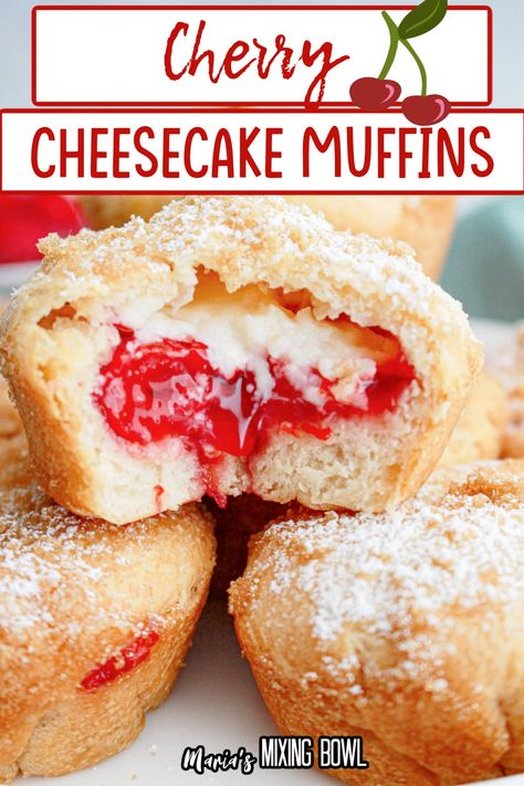 These cherry cheesecake muffins feature a rich cherry cheesecake filling surrounded by tender, flaky crescent dough muffins. Cherry Cheesecake Crescent Muffins, Cherry Cheesecake Muffins, Cherry Cheescake, Cherry Cheesecake Cookies, Cake Bars Recipe, Cherry Muffins, Baking Recipes Pie, Cheesecake Muffins, Cherry Desserts