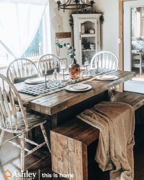 Ashley HomeStores® on Instagram: “We love mixed seating at the dining room table! Happy Friday!  #ashleyhomestores #thisishome #ashleyfurniture #ashley” Dinner Table Bench, Wood Dinner Table, Harvest Tables, Table With Bench, Dining Room Bench Seating, Woodwork Ideas, Modern Farmhouse Table, Dining Room Remodel, Farmhouse Side Table