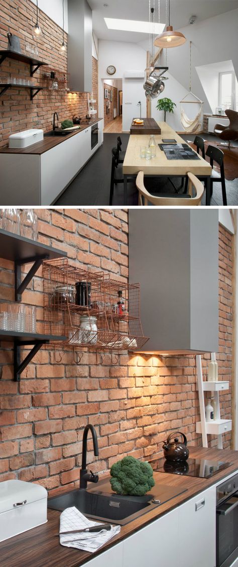 This contemporary loft apartment built inside a 19th-century building will leave you dazed with its large adaptable open space and urban, bohemian look. Modern Loft Apartment, Kitchen Loft, Contemporary Loft, Kitchen And Dining Area, Grey Floor Tiles, Brick Kitchen, Kitchen And Dining Room, Brick Walls, Kitchen Wall Tiles