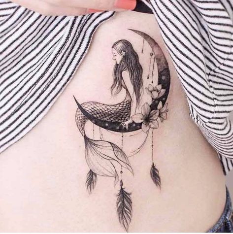 Mermaid Tattoo Meaning, Feathers Tattoo, Moon With Flowers, Mermaid Tattoo Designs, Flowers And Feathers, Anchor Tattoo Design, Ribbon Tattoos, Full Back Tattoos, Mermaid Tattoo