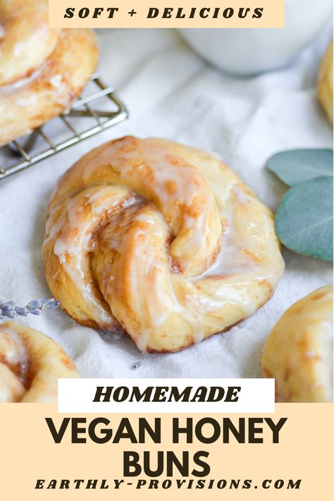 These Vegan Honey Buns are airy and soft and topped with a light crackly glaze. They are full of vegan honey flavor and are even better than the original gas station treat! Homemade Vegan Bagels, Vegan Food For Non Vegans, Vegan Cardamom Buns, Vegan Midnight Snack, Vegan Scandinavian Recipes, Healthy Vegan Sweets, The Best Vegan Recipes, Vegan Baking Ideas, Gluten Free Honey Buns