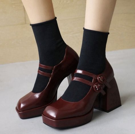 Red Platform Shoes, Fall Heels, Casual High Heels, Buckled Heels, Aesthetic Shoes, Mary Jane Pumps, Jelly Shoes, Fashion Inspiration Design, Mary Jane Heels