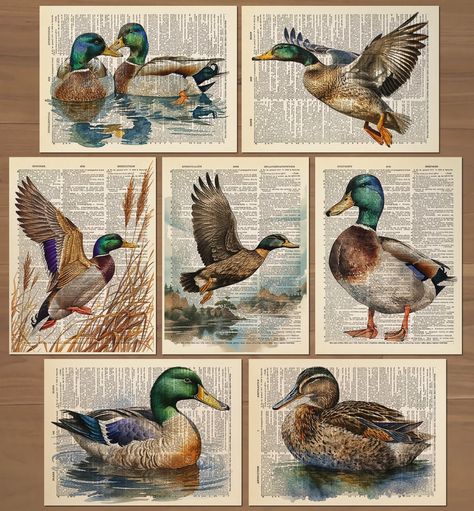 This is a set of Duck prints. You will receive the seven prints shown above. /Frames not included./   ORIGINAL ARTWORK: - Unique design and concept inspired by timeless images from a bygone era.   DETAILS OF PRINTS: - Printed on heavy, high quality 160 gsm paper. - The measurements of this print is 8" x 10.5". - Prints come with the dictionary text in the background. (If you buy multiple prints, the dictionary text in the background on each page will be different) - Professional print process - Vintage Bathroom Prints, Vintage Duck Art, Vintage Duck Decor, Nursery Wall Prints, Vintage Duck Nursery, Vintage Hunting Nursery, Duck Themed Nursery, Duck Hunting Nursery, Duck Paintings