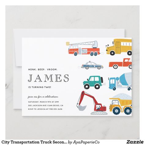 Transportation Birthday Invitation, City Birthday Party, Boy 2nd Birthday, Transportation Birthday Party, City Transportation, Transportation Birthday, Truck Birthday Party, Second Birthday Party, 2nd Birthday Invitations