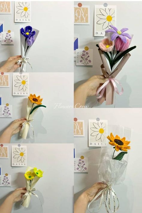 Cute small flower bouquets in purple, yellow (poppy, tulip, sunflower) Wrap Flowers, Yellow Poppy, Clean Flowers, Candy Bouquet Diy, Piping Flowers, Pipe Cleaner Flowers, Diy Baby Headbands, Flower Bouquet Diy, How To Wrap