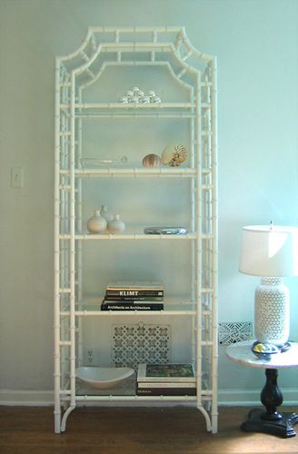 faux bamboo etagere Bamboo Etagere, Creative Workspace Inspiration, Bamboo Bookshelf, Home Interior Accessories, Chinoiserie Art, Devine Design, Glam Pad, Painted Bamboo, Bamboo Shelf