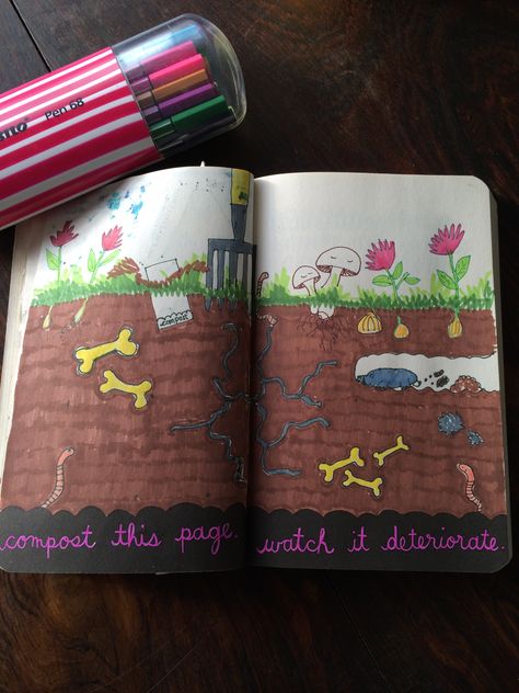 Wreck this journal ideas- compost this page. Watch it deteriorate.  #wreckthisjournal #compost #art #inspiration Destroy This Book, Wreck Journal, Journal Ideas Inspiration, Composting Ideas, Helping Nature, Kids Sketchbook, Empty Journal, Keri Smith, Scrapbooking Layouts Baby