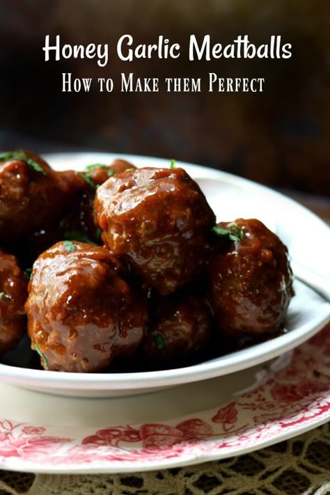 These easy honey garlic meatballs are baked in the oven so that the meatballs are tender and the sweet-tangy-spicy sauce forms a sticky glaze. There are also instructions for making them in a slow cooker.  This recipe is surprisingly fast – and works as well for family dinners as it does for appetizers. #restlesschipotle #meatballs #slowcooker #recipes #easy #appetizers #dinners #beef Glaze For Meatballs, Meatballs Oven, Smoked Meatballs, Honey Garlic Meatballs, Garlic Meatballs, Recipe With Honey, Easy Meatball, Restless Chipotle, Red Transferware