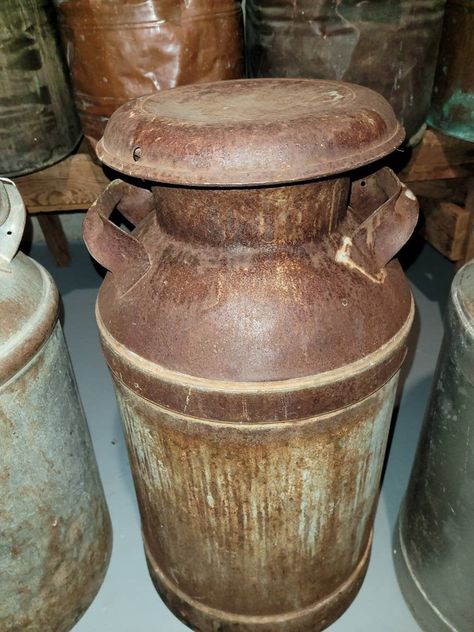 "Beautiful clean large milk cans 25\"H price for 1 milk can" Stoneware Crock Decor Ideas, Milk Can Tractor Seat, Vintage Milk Jug Decor, Vintage Milk Carton, Antique Dishes Collectible, Family Heirloom Display, Antique Milk Can, Tractor Decor, Vintage Milk Jug