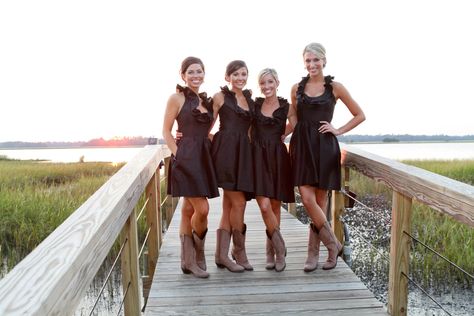 Mississippi-wedding-gown-bella-bridesmaid-dress-cowboy-boots Bridesmaids Cowboy Boots, Bridesmaids In Boots, Short Black Bridesmaid Dresses, Dresses To Wear With Cowboy Boots, Bella Bridesmaid Dresses, Black Bridesmaids Dresses, Country Bridesmaid Dresses, Lowndes Grove Wedding, Mississippi Wedding