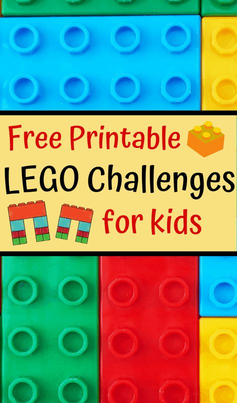 These Lego challenges are free to print and download. Get kids thinking, creating and imagining with their Lego blocks with these prompts. #legochallenges #stemeducation #kidsactivities Printable Lego Challenge Cards, Lego Cards Free Printable, Keva Plank Challenge Cards Free, Preschool Lego Activities, Lego Building Cards, Printable Lego Instructions, Lego Challenges For Kids, Lego Activities For Kids, Pin Printable