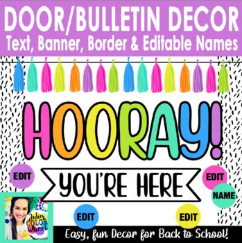 Back To School Hallway Display, Yay You're Here Sign, Kindergarten Door Decorations Welcome, Yay You're Here Bulletin Board, Classroom Doors Back To School, Hooray You're Here Bulletin Board, 5th Grade Door Decorations, Welcome To School Bulletin Boards, Welcome To Kindergarten Bulletin Boards