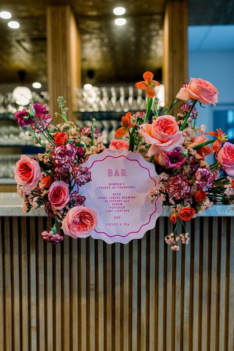 My Favourite Wedding Bar Moments | Stone House Creative Playful Wedding Ideas, Colorful Wedding Signs, Wedding Bar Decor Ideas, Funky Floral Wedding, Floral Bar Decor, Bar Flowers Wedding, Bar Florals, Wedding Bar With Flowers, Wedding Bar Flower Arrangement