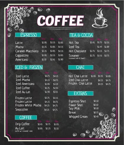 Coffee Menu Board, Coffee Shop Menu Board, Coffee Menu Design, Menu Board Design, Hot Chai, Iced Chai Latte, Coffee Shop Menu, Iced Chai, Board Signs