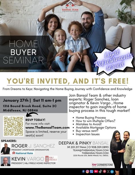 We're hosting a Buyer Seminar to help you make savvy decisions in the world of real estate. Whether you're a first-time buyer or looking to expand your property portfolio, this event is for you! Details: 📅 Date: January 27th, Saturday 🕒 Time: 11 AM - 1PM 📍 Venue: 1316 Bound Brook Road, Suite 2C Middlesex, NJ 08846 📩 RSVP: https://www.thebansalteam.com/home_buyer_seminar Refreshments served & Buyer Kit will be provided to each participant. Homebuyer Seminar Ideas, Financing Tips, Property Portfolio, Real Estate Buyers, Home Buying Process, Buying Process, Youre Invited, Estate Agent, Real Estate Agent