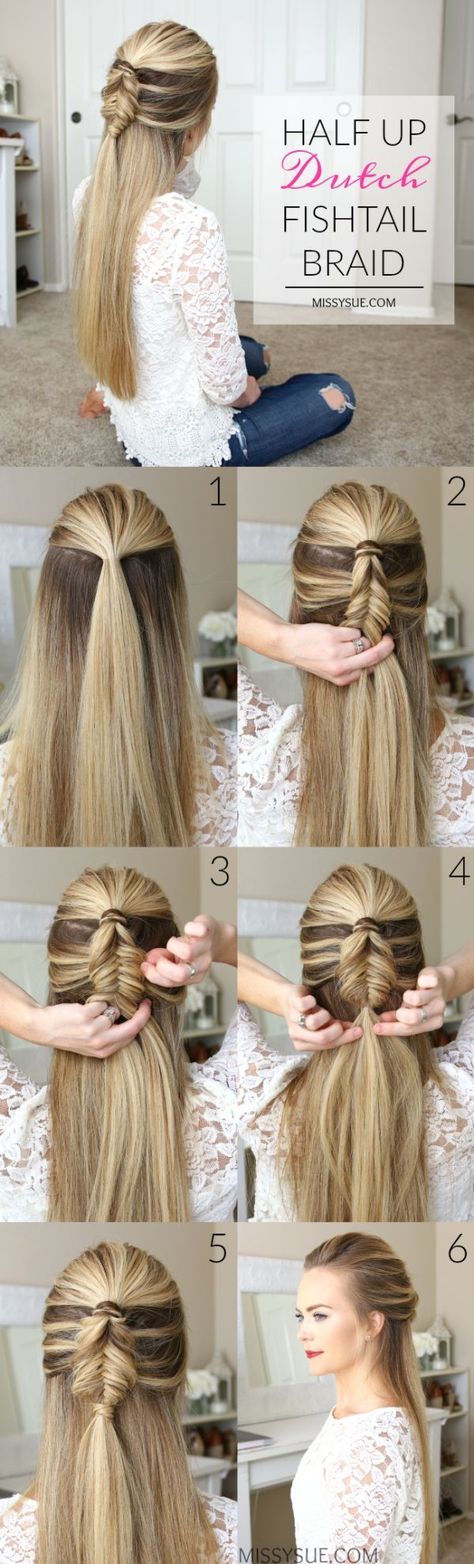 Half-up dutch fishtail braid hairstyle tutorial Dutch Fishtail Braid, Braids Step By Step, Fishtail Braid Hairstyles, Fishtail Braid, Super Hair, Braid Tutorial, Easy Braids, Braided Hairstyles Tutorials, Hairstyles Easy