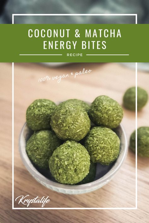 Matcha Balls Energy Bites, Coconut Dates Balls, Coconut Date Balls With Rice Krispies, Dates And Coconut Balls, Matcha Bliss Balls, Matcha Energy Bites, Matcha Energy Balls, Date Coconut Energy Balls, Coconut Energy Balls