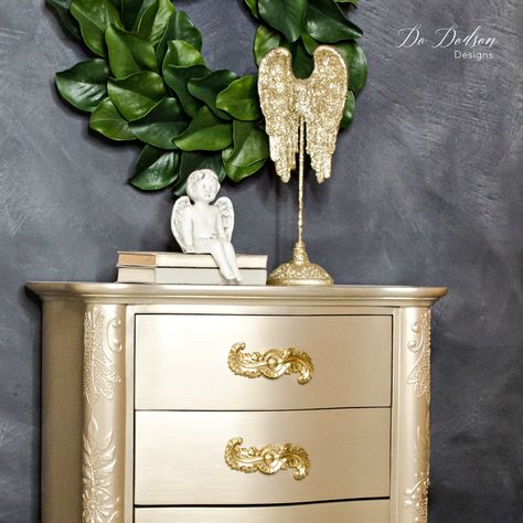 Champagne metallic painted furniture. #dododsondesigns #paintedfurniture #furnituremakeover Champagne Furniture, Gold Painted Furniture, All Wood Furniture, Metallic Painted Furniture, How To Paint Furniture, Painted Night Stands, Diy Dresser Makeover, Gold Dresser, Silver Furniture