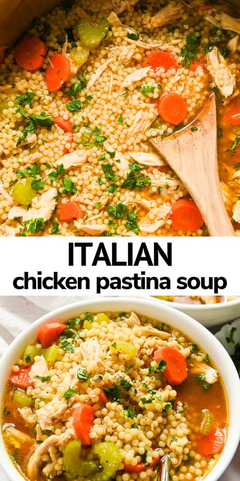 Chicken pastina soup is a cozy and comforting soup recipe that is perfect for chilly winter days! Tender chicken, little pasta, fresh herbs, and vegetables create this perfect meal. Make this easy soup recipe in just about 30 minutes! Soups With Chicken And Pasta, Pastina Salad Recipes, Italian Chicken Pastina Soup, Pastina Chicken Soup, Penecillan Soup, Healthy Cozy Dinner Recipes, Pastina Soup Recipes, Chicken Pastina Soup Recipe, Chicken Pastina Soup