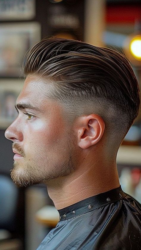 Men Comb Back Hairstyle, Feathered Haircut Men, Mens Hairstyles Wedding, Men’s Slick Back Haircut, Men’s Short Slicked Back Hair, Men’s Fade Long On Top, Fade On Sides Long On Top Men, Men’s Pompadour Hairstyle, Mid Fade Undercut Men