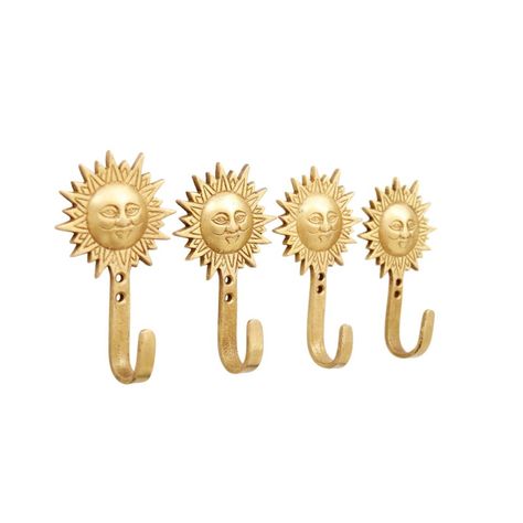 A set of four bohemian sun brass wall hooks. Each is topped with a sunburst with lines framing the rays and detailing a face in a content expression. Dimensions per hook.   We have more hooks available. Please take a look at our other items. Brass Wall Hooks, Bohemian Sun, Shelving Brackets, Brass Wall Hook, Moon Nursery, Future Apartment Decor, Witchy Decor, Sun And Stars, Home Good