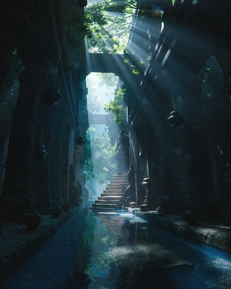 Eerie Places, Ancient Kingdom, Alternate Worlds, Fantasy Places, Fantasy Art Landscapes, Fantasy Concept Art, Environment Concept Art, Night Aesthetic, 3d Render