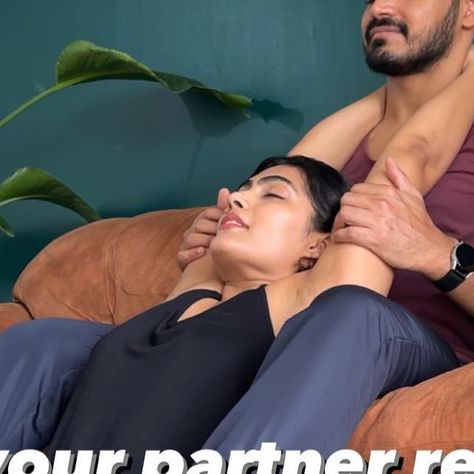 Soumya and Nitin on Instagram: "These three easy partner stretches are super helpful in relaxing the whole body. . Please be careful while doing them. Do not overpush each other. Keep communicating to know if you are comfortable. . Tag someone you want to try this with. ♥️ . #couplegoals #partnerstretch #yogacouple #partnerworkout #couplesgoals #intimacy #powercouple #explore #relationshipgoals" Stretches For Couples, Couples Stretching, Couples Stretches, Partner Stretches Couple, Couple Yoga Stretches, Partner Lower Back Stretches, Partner Stretches, Back Stretching, Body Massage Techniques