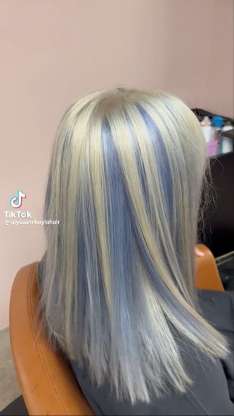 Colorful Streaks In Hair Blonde, White And Colored Hair, Blonde And Periwinkle Hair, Blonde With Streaks Of Color, Blonde With Colored Roots, Blue Hair Blonde Highlights, Hot Pink And Blonde Hair, Blonde Hair Blue Highlights, Hairstyles For Natural Straight Hair