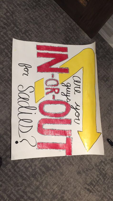 In and out Sadies poster idea❤️ Cute Homecoming Queen Poster Ideas, Home Coming Poster Idea, Hoco Candidate Posters, Hoco King And Queen Posters, Prom King Campaign Ideas Posters, Sadie's Poster Ideas, Homecoming King Campaign Ideas Posters, Homecoming King Poster Ideas, Hoco Nominee Posters