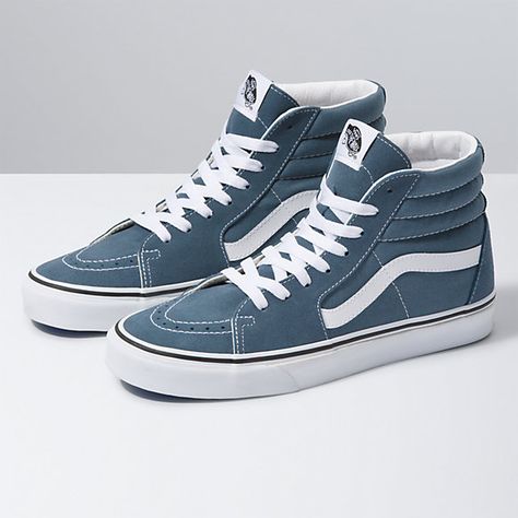 Sk8-Hi | Shop Womens Shoes At Vans Vans Painted Shoes Ideas, Vans Azul, Vans High Tops, Suede Vans, Fancy Footwear, Vans High, Dr Shoes, Blue Vans, Vans Style