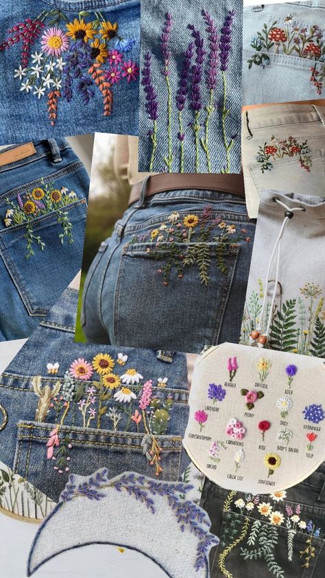 A bunch of pictures of different flowers and small plants that are embroidered onto clothing, usually jean, of some kind. Embroidering Flowers, Embroided Jeans, Flower Embroidered Jeans, Embroidery Jeans Diy, Flower Jeans, Clothes Embroidery Diy, Cloth Flowers, Embroidery On Clothes, Cute Embroidery