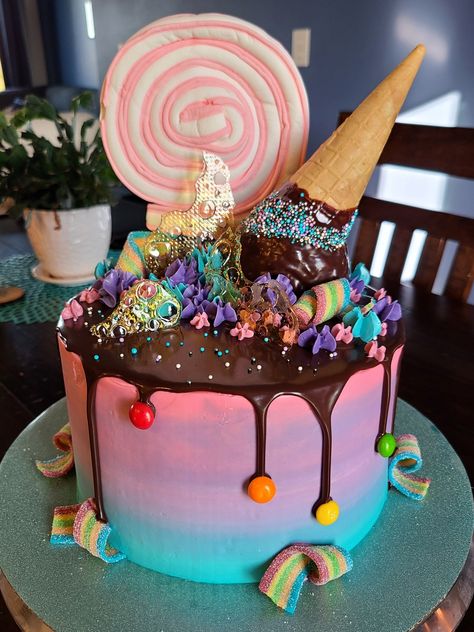 Ombre Ice cream cone and candy cake with chocolate drip. Chocolate Candy Birthday Cake Ideas, Upside Down Ice Cream Cone Cake, Ice Cream Cake Designs, Upside Down Ice Cream, Girls 9th Birthday, Sweetie Cake, Cone Cake, Candyland Cake, Ice Cream Cone Cake