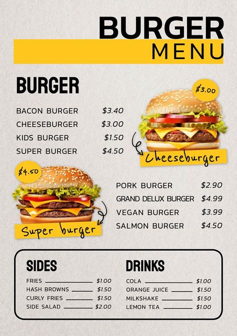 Burger menu template, editable text and design | premium image by rawpixel.com / Darakoon Jaktreemongkol Burger Menu Design, Menu Cafeteria, Fast Food Png, Burger Place, Burger Shop, Menu Card Design, Burger Menu, Menu Layout, Burger Places