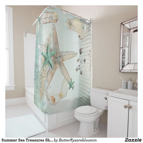 Summer Sea Treasures Shower Curtain Vintage Shower Curtains, Collecting Shells, Watercolor Shower Curtain, Winter Shower, Flower Shower Curtain, Pink Frosting, Unique Shower Curtain, Coastal Bathrooms, Shower Curtain Decor