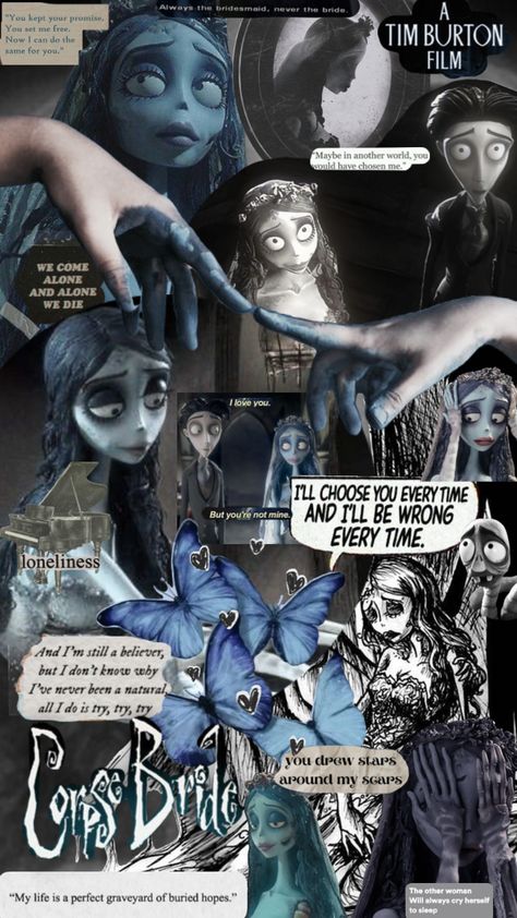 Corpse Bride Collage, Sally And Emily, Emily Wallpaper, Emily Aesthetic, School Memories Scrapbook, Corpse Bride Movie, Corpse Bride Art, Tim Burton Tattoo, The Corpse Bride