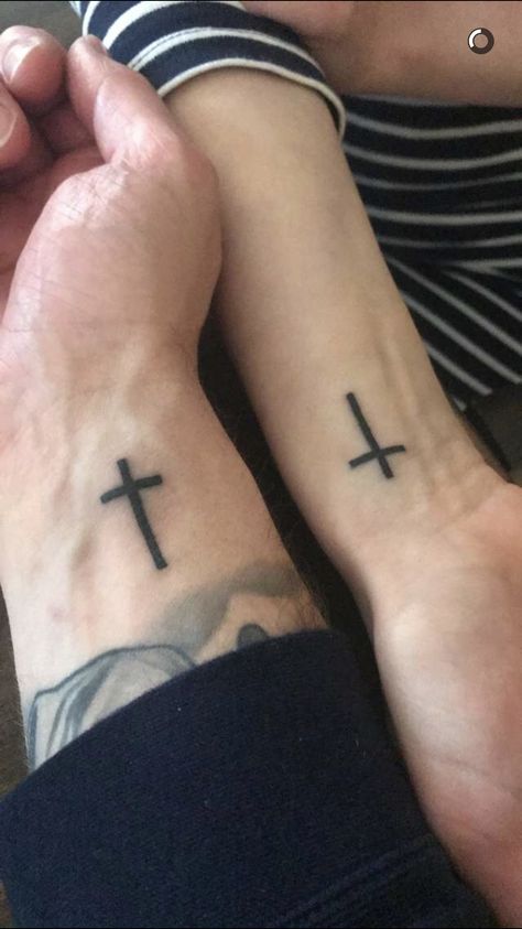 Cross Couple Tattoos, Cross Matching Tattoos, Matching Cross Tattoos Couple, Crusafix Tattoo, Small Cross Tattoo For Men, Matching Cross Tattoos, Cross Tattoo Placement, Godly Tattoos, God Relationship