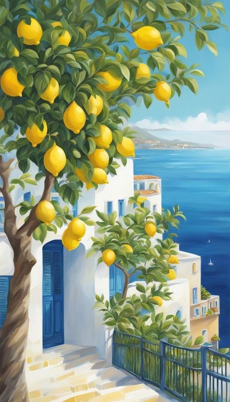 Lemon Tree Mediterranean Cute Aesthetic Background Illustration, Phone wallpaper (iPhone, Android) - Click to download 40+ similar high-resolution images and ideas for free (personal and commercial license)! Amalfi Drawing, Lemon Tree Mural, Lemon Art Illustration, Lemon Tree Aesthetic, Lemon Wallpaper Aesthetic, Italy Illustration Art, Phone Backgrounds Art, Lemon Tree Painting, Lemon Tree Art