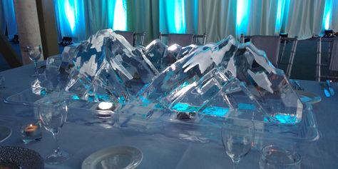 With one of these mountain ranges in each table, it was a stunning event up at the Roundhouse Lodge at the top of Whistler Blackcomb. A stunning venue, with stunning decor. @whistlerblackcomb #roundhouse #mountaintop #mountains #centrepiece #centrepieces #roundhousewhistler #gala #galadecor #icedecor #vancouver #ice #icesculpture #sculpture #vancity #crystalclear #crystalclearice #clearice #smallbusiness #bc #customcut #custom #bespoke #bespokeice #icecarver #icecarving Ice Sculpture Centerpiece, Ice Decor, Centrepiece Ideas, Gala Decorations, Ice Carving, Ice Globes, Whistler Blackcomb, Battery Operated Led Lights, Ice Sculpture