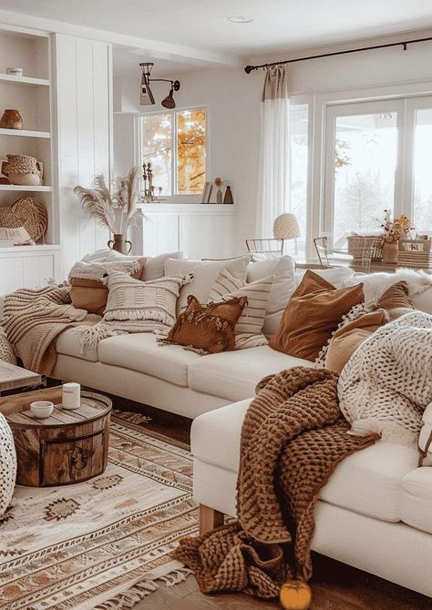 White Couch Brown Pillows, Fall Home Vibes, Cozy Airy Living Room, Elegant Apartment Decor Classy, Neutral Fall Fireplace Decor, Modern Farm Decor, Fall Couch Pillow Ideas, Crème Living Room, Fall Decor Pillows