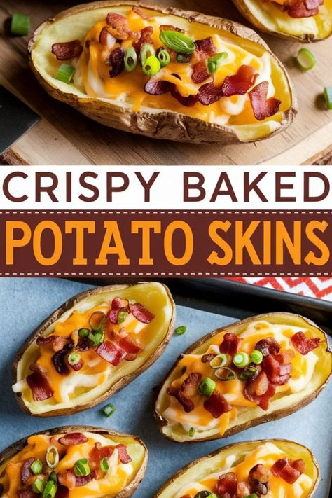 Crispy baked potato skins topped with melted cheese, bacon, and green onions. Baked Potato Skins Loaded, Potato Skins Recipe Baked, Appetizer Potatoes, Loaded Potato Skins Recipe, Potato Skins Appetizer, Potato Skins Recipe, Loaded Potato Skins, Baked Potato Skins, Potatoe Skins Recipe