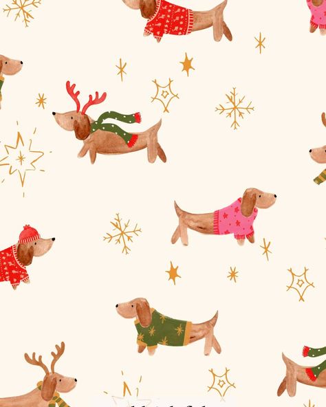 Super cute Christmas Dogs mini collection! Available for art licensing. #dogart #dogartist #doxiechristmas #christmasdog #artlicensing #happyart #licensing #womendesigners #patterndesign #patternlove #surfacepatterndesign #surfacepatterncommunity #patternobserver #surfacepatterndesign #surfacepatterndesigner #patterndesign #patternmaking #surfacepattern #patternlicensing #textilepattern #mylifeinpattern #fabriccollection Christmas Dachshund Wallpaper, Christmas Dog Illustration, Dachshund Illustration, Holiday Iphone Wallpaper, Dachshund Pattern, Dog Artist, Dachshund Design, Dachshund Art, Christmas Dogs