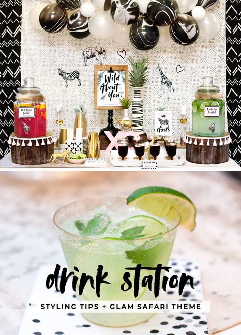 How to Style a Creative Drink Station + "Wild About You" Glam Safari Theme // Hostess with the Mostess® Safari Theme Alcohol Drinks, Safari Alcoholic Drinks, Safari Party Drinks, Jungle Theme Bridal Shower Ideas, Safari Cocktail Drinks, Safari Themed Drinks, Wild One Drink Ideas, Safari Themed Cocktails, Safari Bachelorette Party Jungle Theme