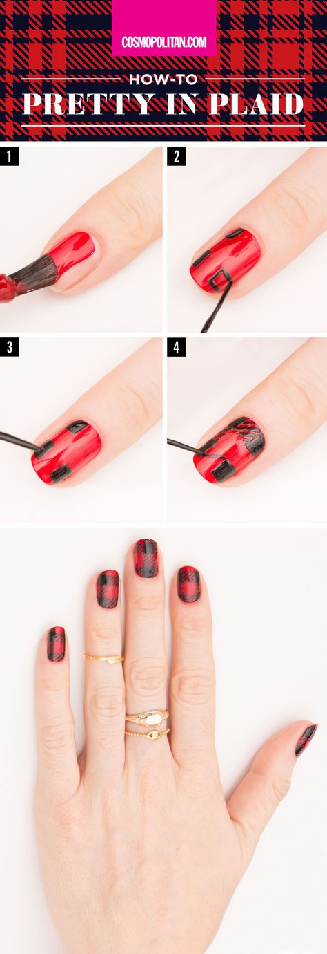 PRETTY IN PLAID HOLIDAY NAIL ART: DIY this festive holiday manicure with red and black polish, and this easy holiday nail art tutorial. Click through for the easy, step-by-step instructions. You'll also find 4 more fun holiday nail art ideas that you can pull off in minutes! Holiday Nails Easy, Nailart Tutorial, Unghie Nail Art, Plaid Nails, Holiday Nail Art, Winter Nail Art, Diy Nail Art, Trendy Nail Art, Christmas Nail Art