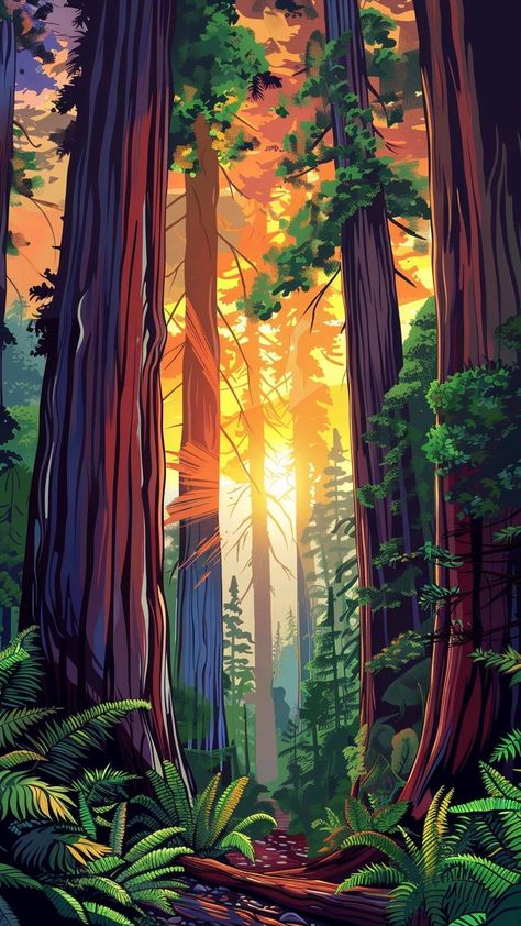 Colorful redwood forest Magical forest Zicxa.com Forest Background Illustration, Leopard Images, Forest Digital Art, Forest Magical, Forest Mural, Colorful Sky, Forest Background, Forest Illustration, Redwood Forest