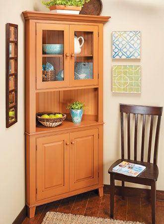 Classic Corner Cabinet | Woodsmith Plans - Dress up any room with some handy storage and display space.  A corner cabinet is a great way to take advantage of a space that’s often wasted in a room. But building one can seem a little bit like taking a geometry test. Kitchen Corner Cabinet Organization, Kitchen Corner Cabinet Ideas, Kitchen Cabinet Display, Painted Corner Cabinet, Kitchen Corner Cabinet, Corner Cabinet Organization, Woodsmith Plans, Woodworking Plans Pdf, Corner Kitchen Cabinet